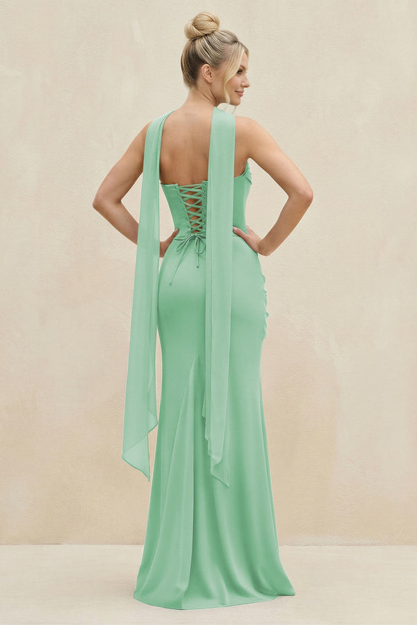 Cowl Neck Sheath Chiffon Bridesmaid Dress with Ribbon in Pale Pistachio - SHE IS ME Bridesmaid Dresses