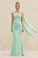 Cowl Neck Sheath Chiffon Bridesmaid Dress with Ribbon in Pale Pistachio | KISSBRIDAL