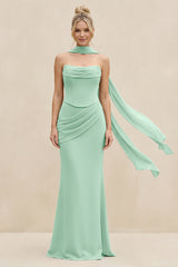 Cowl Neck Sheath Chiffon Bridesmaid Dress with Ribbon in Pale Pistachio | KISSBRIDAL