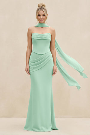 Cowl Neck Sheath Chiffon Bridesmaid Dress with Ribbon in Pale Pistachio | KISSBRIDAL