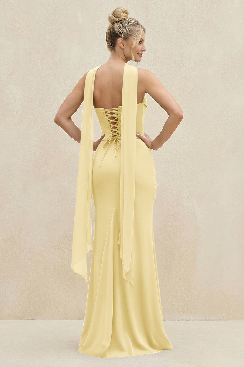 Cowl Neck Sheath Chiffon Bridesmaid Dress with Ribbon in Pastel Yellow - KISS BRIDAL Bridesmaid Dresses