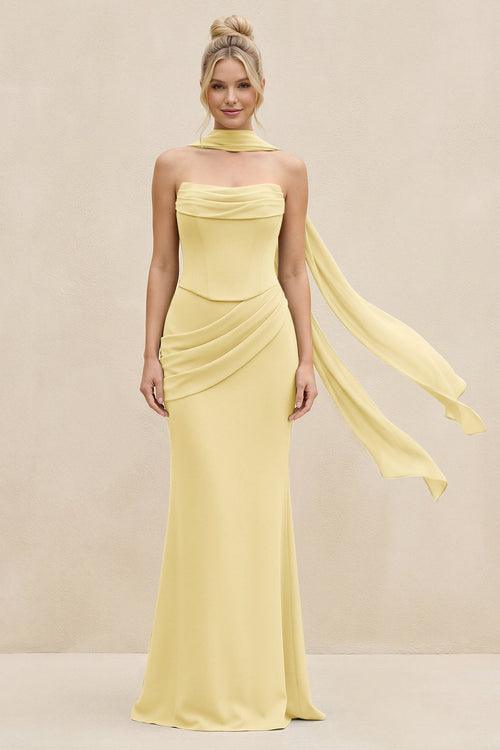 Cowl Neck Sheath Chiffon Bridesmaid Dress with Ribbon in Pastel Yellow - SHE IS ME Bridesmaid Dresses