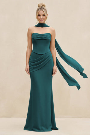 Cowl Neck Sheath Chiffon Bridesmaid Dress with Ribbon in Pine - SHE IS ME Bridesmaid Dresses