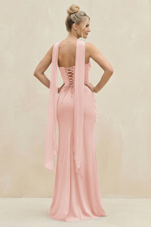 Cowl Neck Sheath Chiffon Bridesmaid Dress with Ribbon in Rose Petal (2) | KISSBRIDAL