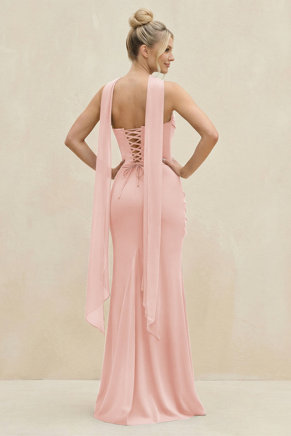 Cowl Neck Sheath Chiffon Bridesmaid Dress with Ribbon in Rose Petal (2) | KISSBRIDAL