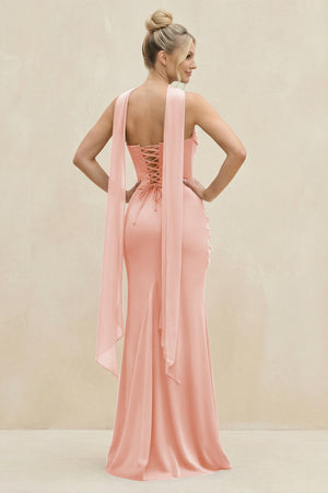 Cowl Neck Sheath Chiffon Bridesmaid Dress with Ribbon in Rose Petal - SHE IS ME Bridesmaid Dresses