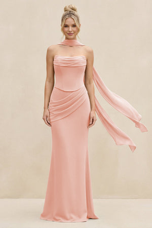 Cowl Neck Sheath Chiffon Bridesmaid Dress with Ribbon in Rose Petal - SHE IS ME Bridesmaid Dresses
