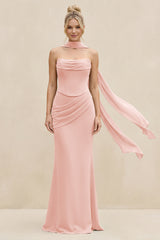 Cowl Neck Sheath Chiffon Bridesmaid Dress with Ribbon in Rose Petal | KISSBRIDAL
