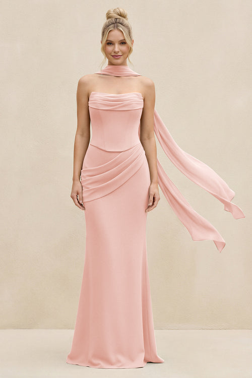 Cowl Neck Sheath Chiffon Bridesmaid Dress with Ribbon in Rose Petal | KISSBRIDAL