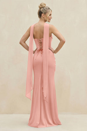 Cowl Neck Sheath Chiffon Bridesmaid Dress with Ribbon in Rosette (2) | KISSBRIDAL