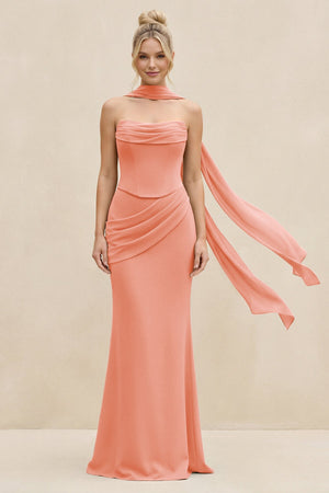 Cowl Neck Sheath Chiffon Bridesmaid Dress with Ribbon in Rosette - SHE IS ME Bridesmaid Dresses