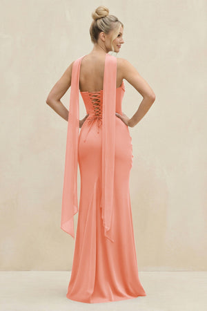 Cowl Neck Sheath Chiffon Bridesmaid Dress with Ribbon in Rosette - SHE IS ME Bridesmaid Dresses
