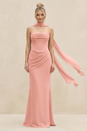 Cowl Neck Sheath Chiffon Bridesmaid Dress with Ribbon in Rosette | KISSBRIDAL