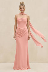 Cowl Neck Sheath Chiffon Bridesmaid Dress with Ribbon in Rosette | KISSBRIDAL