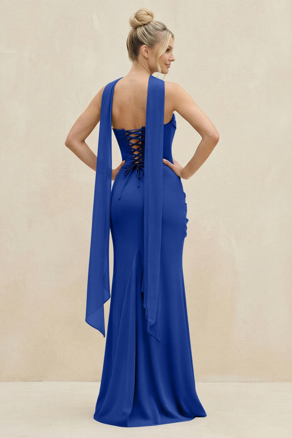 Cowl Neck Sheath Chiffon Bridesmaid Dress with Ribbon in Royal Blue - SHE IS ME Bridesmaid Dresses