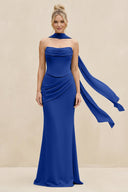 Cowl Neck Sheath Chiffon Bridesmaid Dress with Ribbon in Royal Blue - SHE IS ME Bridesmaid Dresses