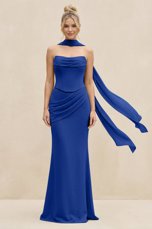 Cowl Neck Sheath Chiffon Bridesmaid Dress with Ribbon in Royal Blue - SHE IS ME Bridesmaid Dresses