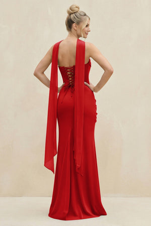 Cowl Neck Sheath Chiffon Bridesmaid Dress with Ribbon in Ruby Red - SHE IS ME Bridesmaid Dresses