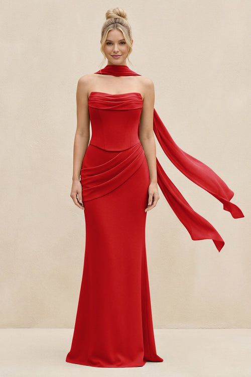 Cowl Neck Sheath Chiffon Bridesmaid Dress with Ribbon in Ruby Red - SHE IS ME Bridesmaid Dresses