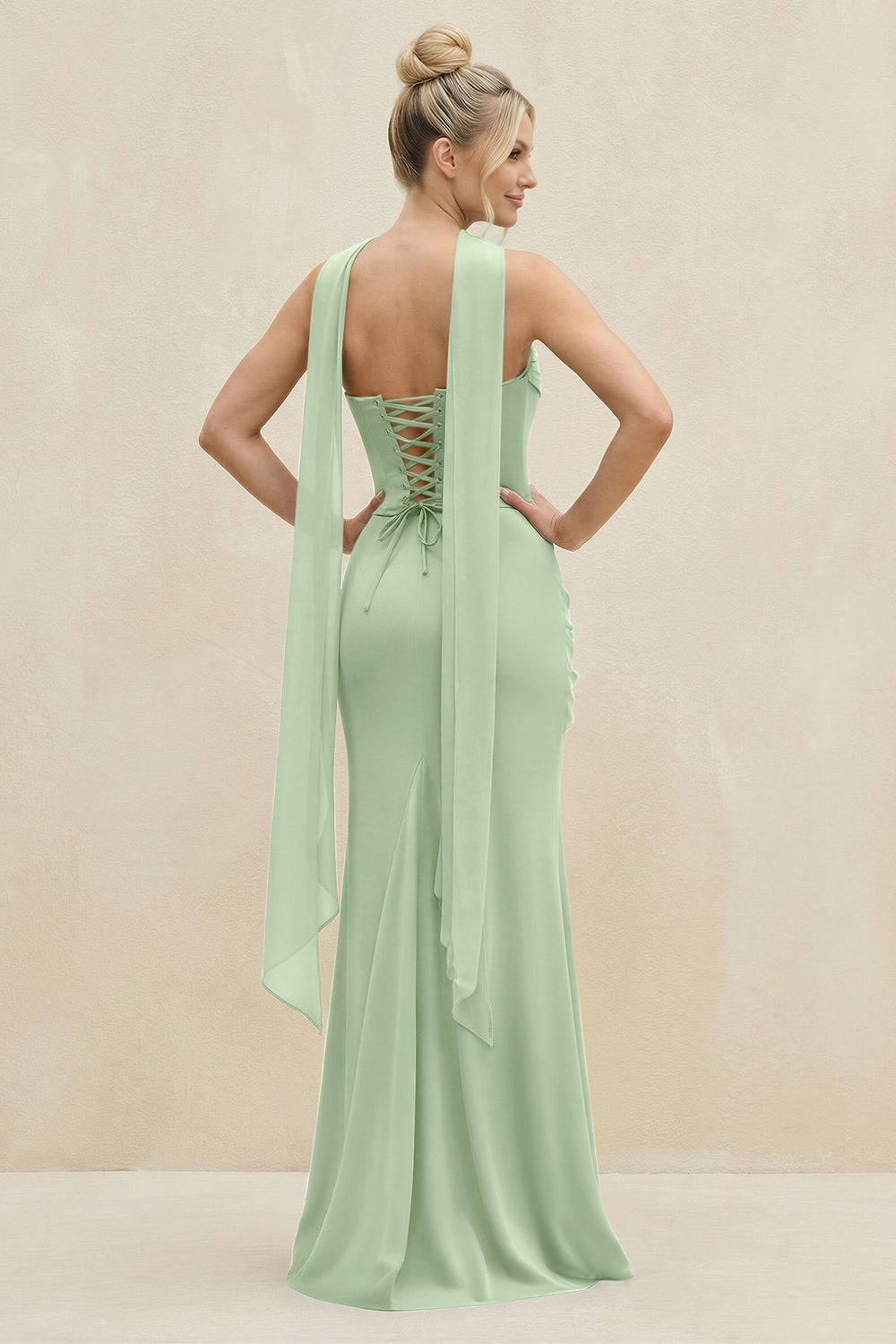 Cowl Neck Sheath Chiffon Bridesmaid Dress with Ribbon in Sage - KISS BRIDAL Bridesmaid Dresses