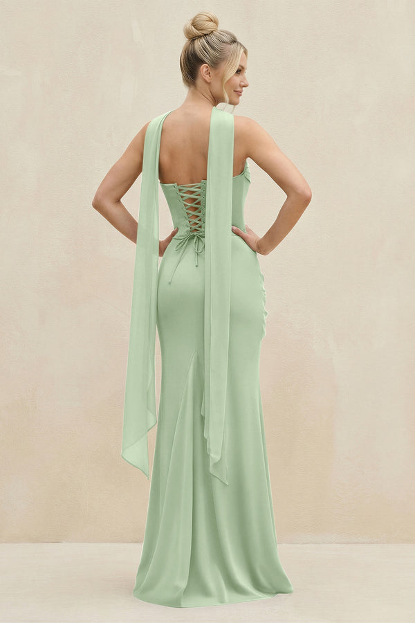 Cowl Neck Sheath Chiffon Bridesmaid Dress with Ribbon in Sage - SHE IS ME Bridesmaid Dresses