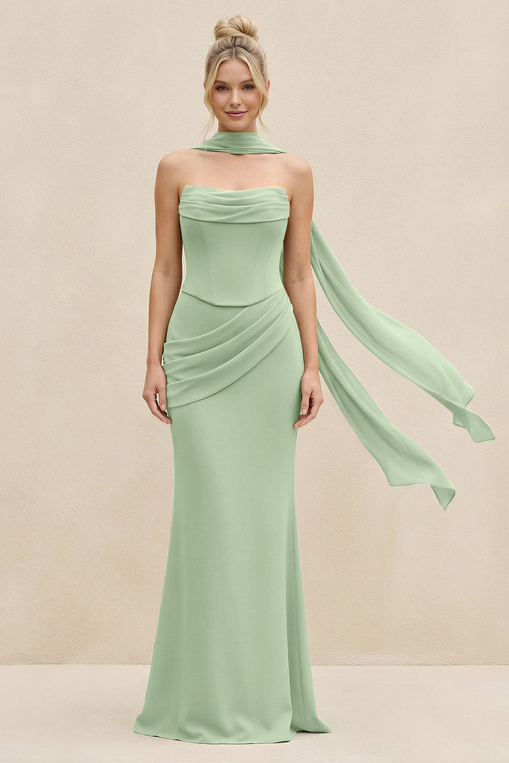 Cowl Neck Sheath Chiffon Bridesmaid Dress with Ribbon in Sage - KISS BRIDAL Bridesmaid Dresses