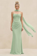 Cowl Neck Sheath Chiffon Bridesmaid Dress with Ribbon in Sage - SHE IS ME Bridesmaid Dresses