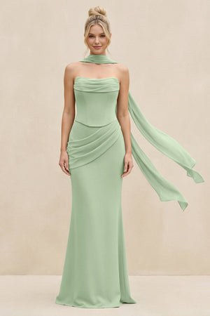 Cowl Neck Sheath Chiffon Bridesmaid Dress with Ribbon in Sage - SHE IS ME Bridesmaid Dresses