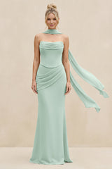 Cowl Neck Sheath Chiffon Bridesmaid Dress with Ribbon in Sage | KISSBRIDAL