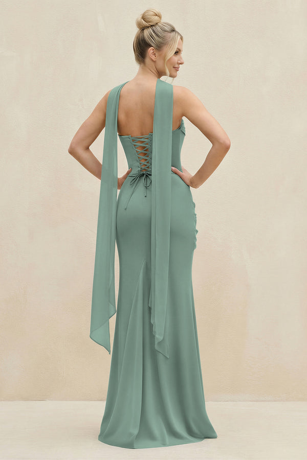 Cowl Neck Sheath Chiffon Bridesmaid Dress with Ribbon in Sea Glass (2) | KISSBRIDAL