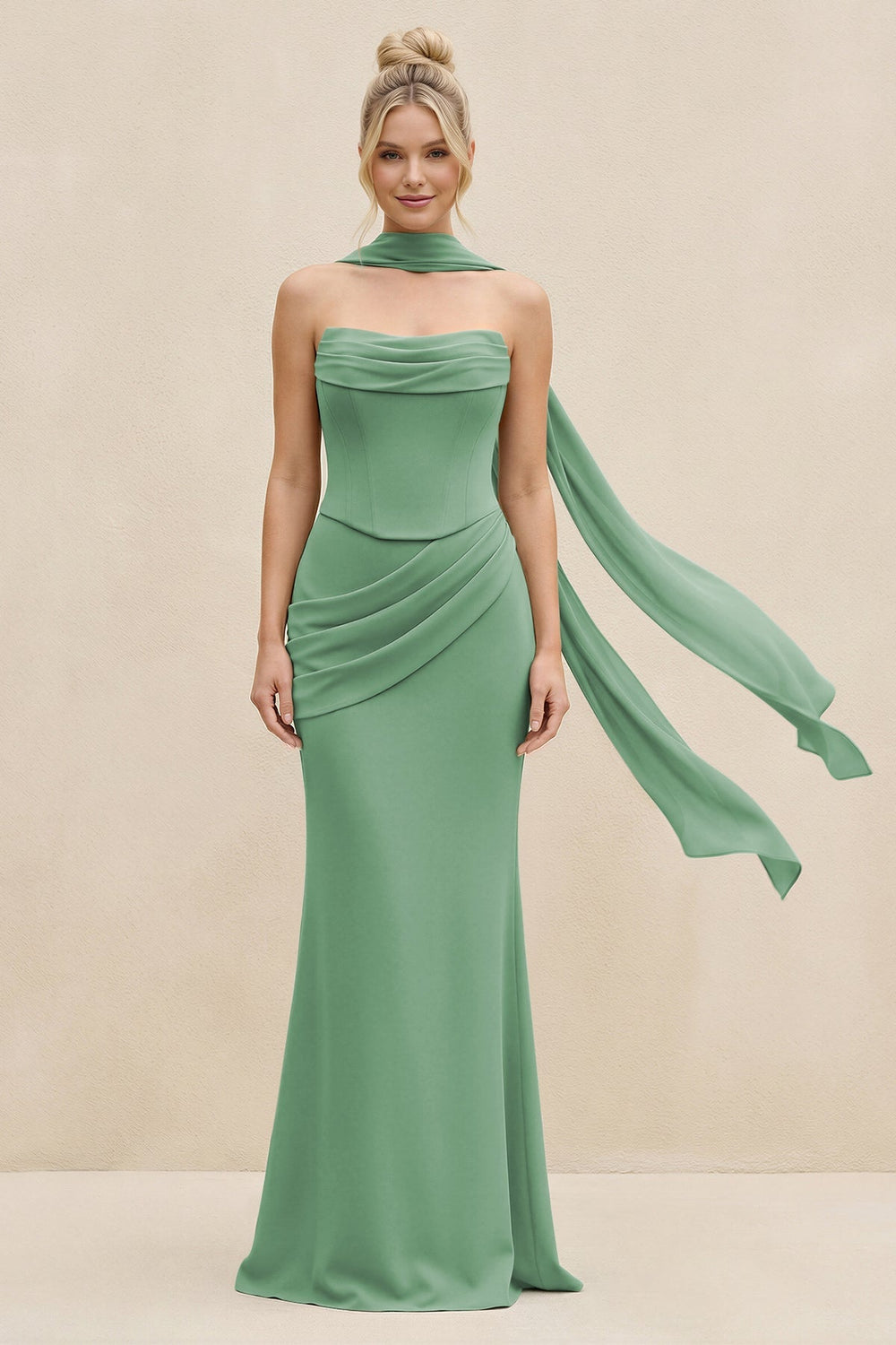 Cowl Neck Sheath Chiffon Bridesmaid Dress with Ribbon in Sea Glass - KISS BRIDAL Bridesmaid Dresses