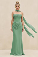 Cowl Neck Sheath Chiffon Bridesmaid Dress with Ribbon in Sea Glass - SHE IS ME Bridesmaid Dresses