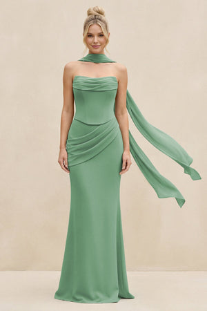 Cowl Neck Sheath Chiffon Bridesmaid Dress with Ribbon in Sea Glass - SHE IS ME Bridesmaid Dresses