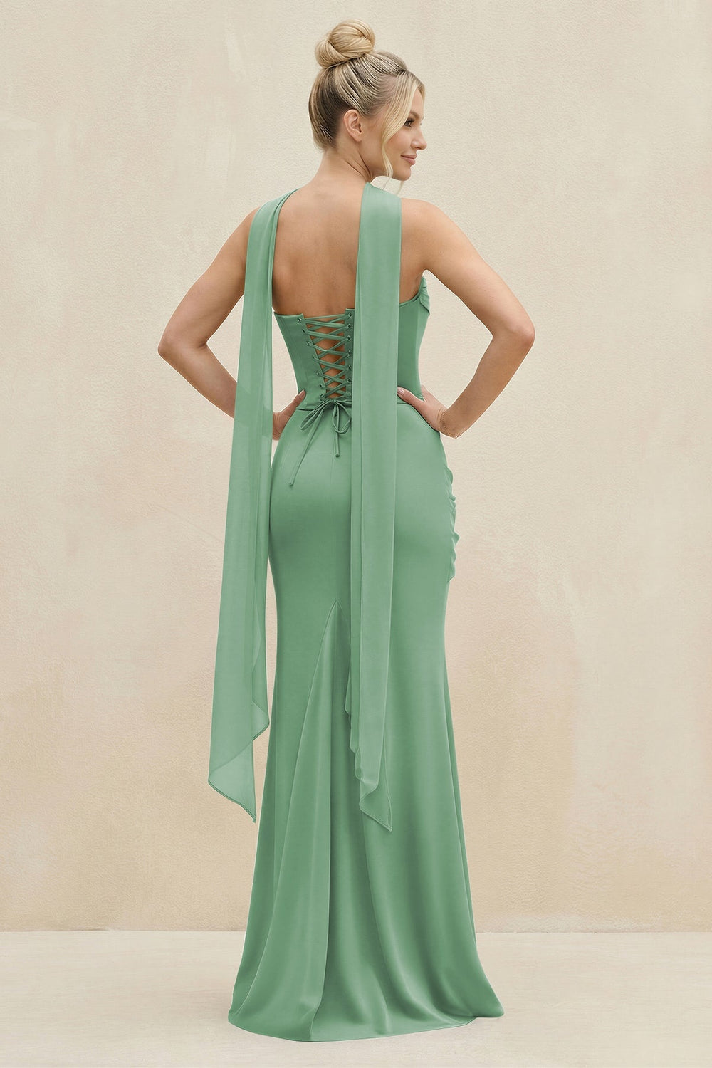Cowl Neck Sheath Chiffon Bridesmaid Dress with Ribbon in Sea Glass - KISS BRIDAL Bridesmaid Dresses
