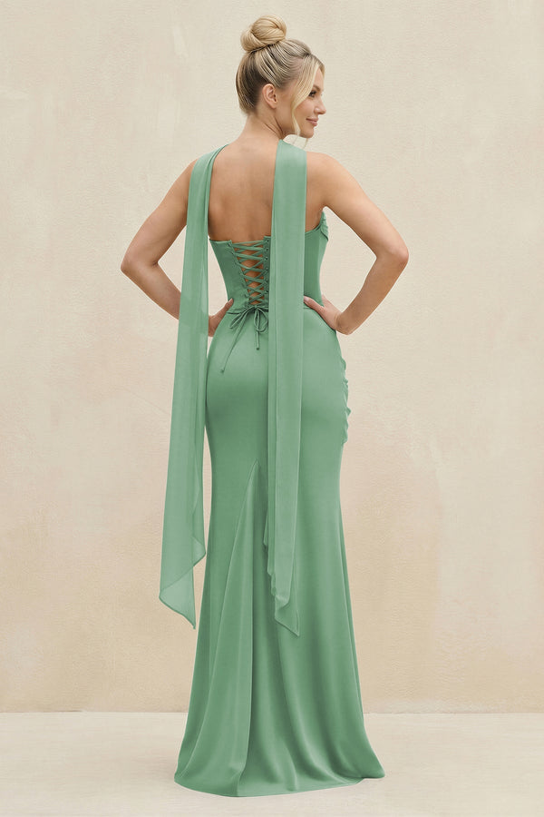 Cowl Neck Sheath Chiffon Bridesmaid Dress with Ribbon in Sea Glass - SHE IS ME Bridesmaid Dresses