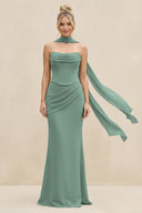 Cowl Neck Sheath Chiffon Bridesmaid Dress with Ribbon in Sea Glass | KISSBRIDAL
