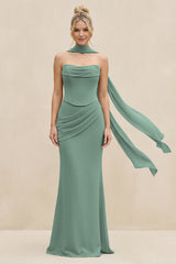 Cowl Neck Sheath Chiffon Bridesmaid Dress with Ribbon in Sea Glass | KISSBRIDAL