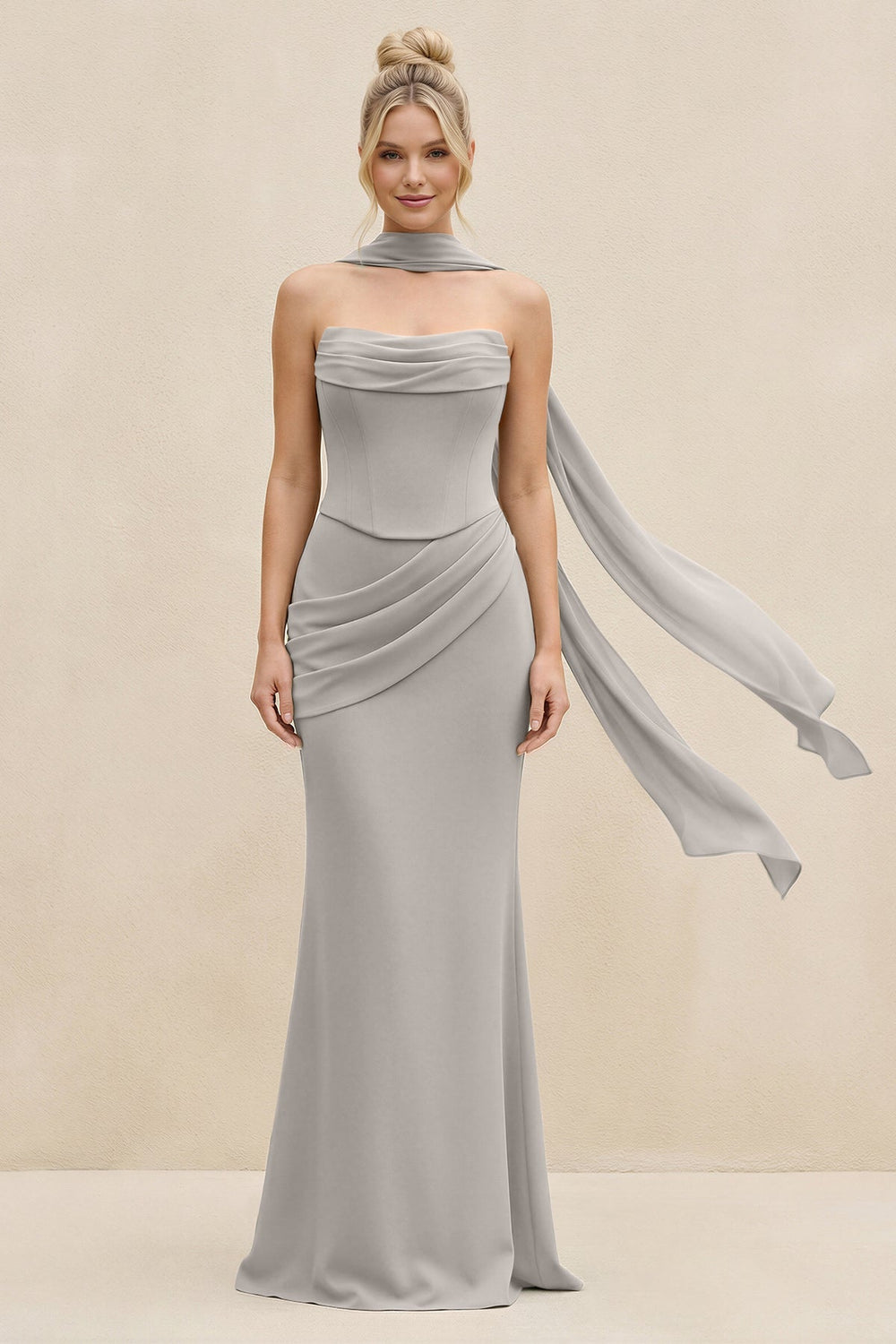 Cowl Neck Sheath Chiffon Bridesmaid Dress with Ribbon in Silver - KISS BRIDAL Bridesmaid Dresses