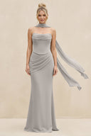Cowl Neck Sheath Chiffon Bridesmaid Dress with Ribbon in Silver - SHE IS ME Bridesmaid Dresses