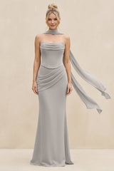 Cowl Neck Sheath Chiffon Bridesmaid Dress with Ribbon in Silver - KISS BRIDAL Bridesmaid Dresses