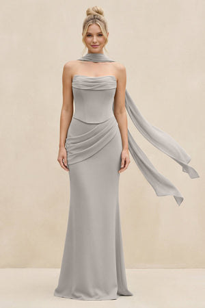 Cowl Neck Sheath Chiffon Bridesmaid Dress with Ribbon in Silver - SHE IS ME Bridesmaid Dresses