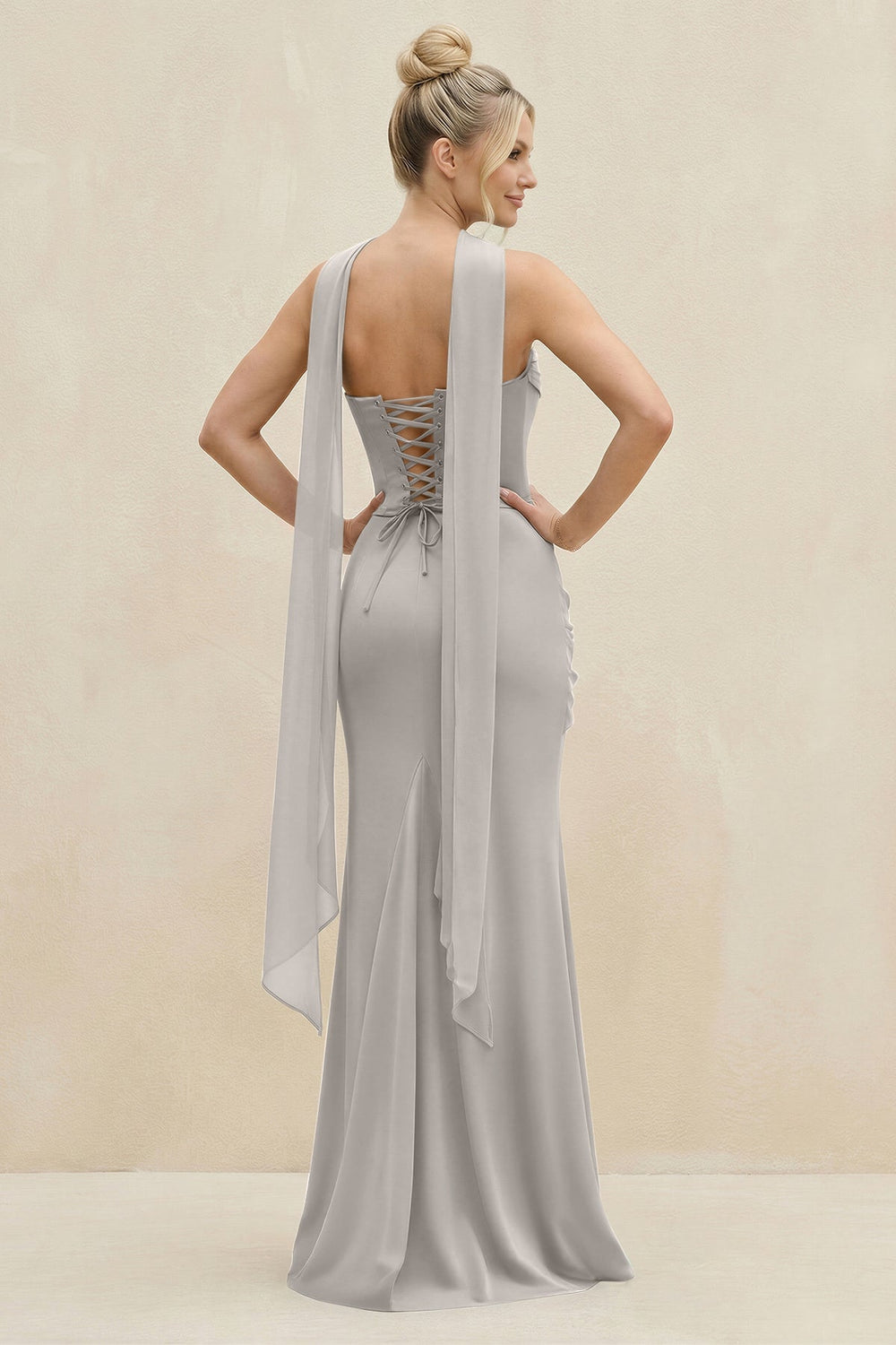 Cowl Neck Sheath Chiffon Bridesmaid Dress with Ribbon in Silver - KISS BRIDAL Bridesmaid Dresses