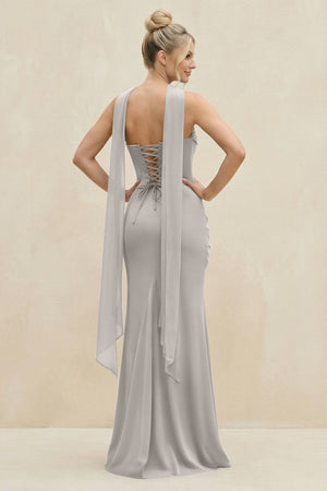 Cowl Neck Sheath Chiffon Bridesmaid Dress with Ribbon in Silver - SHE IS ME Bridesmaid Dresses
