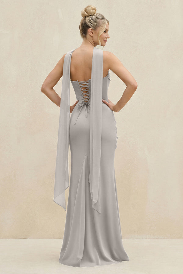 Cowl Neck Sheath Chiffon Bridesmaid Dress with Ribbon in Silver - SHE IS ME Bridesmaid Dresses