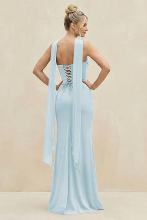 Cowl Neck Sheath Chiffon Bridesmaid Dress with Ribbon in Sky Blue (2) | KISSBRIDAL