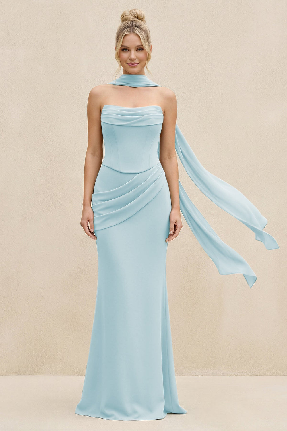 Cowl Neck Sheath Chiffon Bridesmaid Dress with Ribbon in Sky Blue - KISS BRIDAL Bridesmaid Dresses