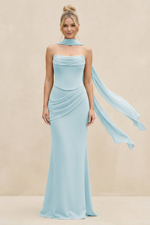 Cowl Neck Sheath Chiffon Bridesmaid Dress with Ribbon in Sky Blue - SHE IS ME Bridesmaid Dresses