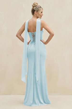 Cowl Neck Sheath Chiffon Bridesmaid Dress with Ribbon in Sky Blue - SHE IS ME Bridesmaid Dresses