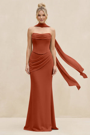 Cowl Neck Sheath Chiffon Bridesmaid Dress with Ribbon in Spice - SHE IS ME Bridesmaid Dresses