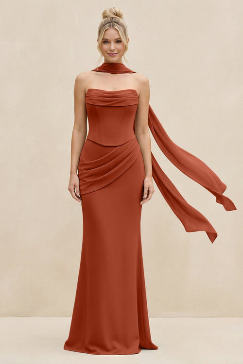 Cowl Neck Sheath Chiffon Bridesmaid Dress with Ribbon in Spice - SHE IS ME Bridesmaid Dresses